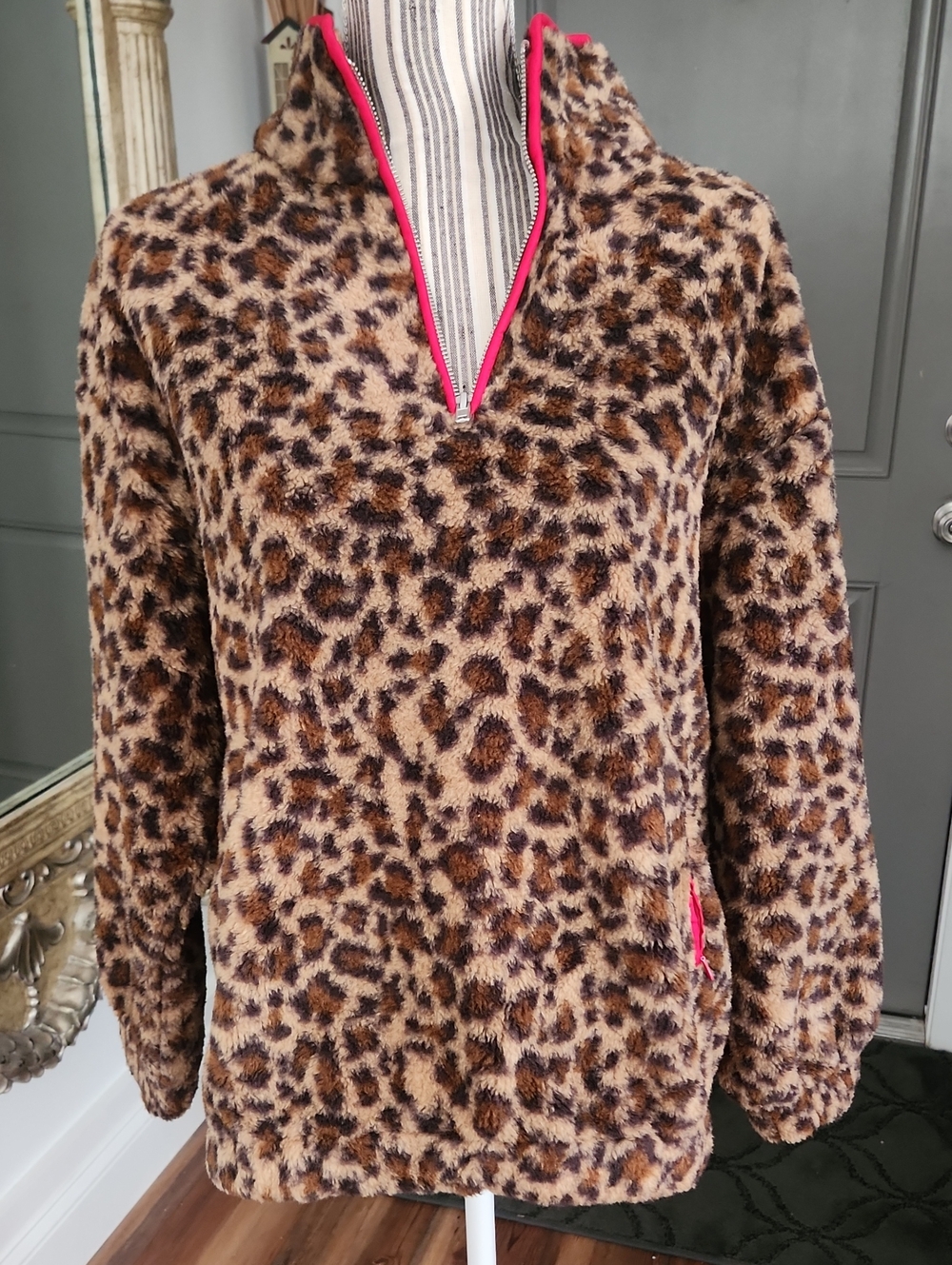 Le Lis Leopard Print Sherpa  Plush Quarter-Zip Pullover with Red Trim